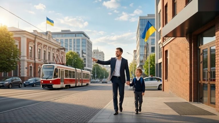 Визначення місця проживання дитини з батьком у Вінниці — батько в класичному синьому костюмі тримає за руку сина-школяра та впевнено йде вулицею повз будівлю суду, на тлі міського трамвая та прапора України, символізуючи захист батьківських прав і вирішення сімейного спору щодо дитини.